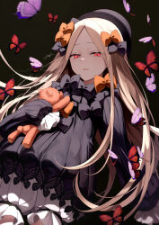  1girl abigail_williams_(fate) abigail_williams_(first_ascension)_(fate) absurdres black_dress blonde_hair bloomers bow bug butterfly commentary_request dress expressionless fate/grand_order fate_(series) hair_bow hat highres long_hair looking_at_viewer multiple_hair_bows parted_lips red_eyes sleeves_past_fingers sleeves_past_wrists solo stuffed_animal stuffed_toy sumi_(gfgf_045) teddy_bear very_long_hair 