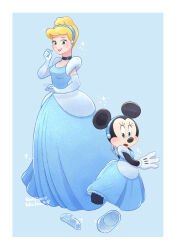  2girls absurdres animal_ears blonde_hair blue_dress blue_eyes choker cinderella_(disney_character) cinderella_(disney_character)_(cosplay) cinderella_(disney_movie) commentary_request company_connection cosplay disney dress earrings elbow_gloves gamorangetana glass_slipper gloves hair_bun hairband highres jewelry long_hair looking_at_viewer mickey_mouse_&amp;_friends minnie_mouse mouse_ears multiple_girls short_hair smile takatmaorange 