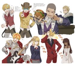  2girls 5boys ^_^ absurdres alexandre_dumas_(fate) aqua-tinted_eyewear aqua_eyes armor blonde_hair blue_sweater braid brown_hair brown_hat brown_pants burger buzz_cut closed_eyes command_spell commentary_request cowboy cowboy_hat dark-skinned_female dark_skin dress elbow_gloves fate/strange_fake fate_(series) flat_escardos food fur_strap gauntlets gilgamesh_(fate) glasses gloves grey_hair guitar hair_slicked_back hand_on_own_head hand_on_own_hip hat highres holding holding_burger holding_food holding_guitar holding_instrument holding_pen hood hood_down instrument jack_the_ripper_(fate/strange_fake) jacket korean_commentary korean_text multicolored_hair multiple_boys multiple_girls multiple_views musical_note neckerchief nib_pen_(object) orlando_reeve pants pen potato_goril red_eyes red_hair red_jacket red_neckerchief red_pants red_vest richard_i_(fate) sajou_ayaka_(fate/strange_fake) scar scar_across_eyebrow scar_on_face shirt short_hair spoken_musical_note strapless strapless_dress streaked_hair sweater tine_chelc tinted_eyewear translation_request two-tone_hair v very_short_hair vest watch watch white_dress white_gloves white_shirt 
