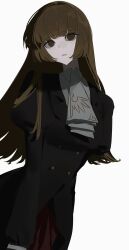  1girl ascot black_coat brown_eyes brown_hair buttons coat hashtag-only_commentary highres layered_ascot long_hair parted_lips shiqian_(kadkykhbvk) simple_background solo standing umineko_no_naku_koro_ni ushiromiya_rosa white_ascot white_background 