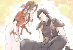  1boy 1girl aerith_gainsborough armor bangle belt black_gloves black_hair black_sweater bracelet braid braided_ponytail brown_hair choker closed_mouth commentary_request cross_scar dress drill_hair drill_sidelocks earrings feet_out_of_frame final_fantasy final_fantasy_vii final_fantasy_vii_rebirth final_fantasy_vii_remake gloves hair_ribbon hatidoricrisp jacket jewelry leaning_forward leaning_to_the_side long_hair looking_at_another multiple_belts open_clothes open_jacket open_mouth parted_bangs pink_dress pink_ribbon ponytail red_jacket ribbon scar scar_on_cheek scar_on_face short_sleeves shoulder_armor sidelocks sitting sleeping sleeveless sleeveless_turtleneck spiky_hair standing stud_earrings suspenders sweater turtleneck turtleneck_sweater twitter_username zack_fair 