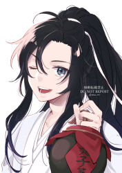  1boy ;d absurdres ahoge alcohol alternate_costume black_hair chinese_clothes commentary_request eyelashes grey_eyes hair_ribbon hanfu high_ponytail highres holding_jug jug_(bottle) kabe_bo liquor long_hair long_sleeves looking_at_viewer male_focus modao_zushi one_eye_closed open_mouth ponytail ribbon robe sidelocks simple_background smile solo teeth twitter_username upper_body watermark wei_wuxian white_background white_hanfu white_ribbon 