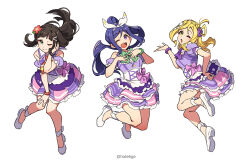  3girls arms_up black_hair blonde_hair blowing_kiss blush bow bowtie braid commentary_request corset dress flower frills hair_bow hair_ornament high_heels high_ponytail highres hotechige kimi_no_kokoro_wa_kagayaiteru_kai? kurosawa_dia leg_up long_hair love_live! love_live!_sunshine!! matsuura_kanan multiple_girls ohara_mari open_mouth ponytail purple_dress purple_hair simple_background smile thighs violet_eyes white_background yellow_eyes 