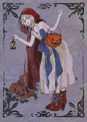  1girl alternate_costume boots border cloak commentary_request english_commentary eyelashes grey_background grey_hair halloween halloween_costume high_heel_boots high_heels highres holding holding_lantern hood hooded_cloak jack-o'-lantern lace-up_boots lantern leaning_forward mixed-language_commentary nier nier_(series) open_mouth ornate_border red_boots red_cloak red_hood ruuu1219 smile trick_or_treat yonah 