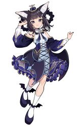  1girl animal_ears bat_ears bat_girl black_hair black_shoes blue_corset blue_dress blue_necktie blunt_bangs braid braided_hair_rings breasts cami_arriaga_c corset crown detached_sleeves dress frilled_dress frills full_body gothic_lolita grey_eyes hair_ornament hair_rings highres idoloid kiyoko_(utau) lolita_fashion looking_at_viewer medium_breasts mini_crown necktie non-web_source official_art open_mouth shoes short_hair simple_background sleeveless sleeveless_dress socks solo standing standing_on_one_leg tachi-e transparent_background utau white_socks wing_hair_ornament winged_shoes 