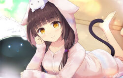  1girl asakura_karen_(heaven_burns_red) black_hair cat_tail heaven_burns_red hood hoodie looking_at_viewer narby_(heaven_burns_red) pajamas tail tougo yellow_eyes 