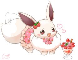  alternate_color animal animal_focus blush bow cinnamon_stick clothed_animal clothed_pokemon commentary_request eevee food food_print fruit fruit_print heart mimix no_humans open_mouth parfait pink_bow pokemon pokemon_(creature) pokemon_focus shiny_pokemon smile solo strawberry strawberry_print tail tail_wagging white_fur 