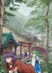  absurdres coat grass highres kochiya_sanae moriya_suwako multiple_girls oota_tomoyoshi rain scenery shrine torii touhou tree umbrella water yasaka_kanako 