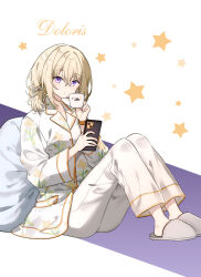  1girl alternate_costume alternate_hairstyle bang_dream! blonde_hair cellphone cup english_text full_body hair_between_eyes highres holding holding_phone knees_up long_sleeves looking_at_viewer migolu misumi_uika pajamas pants phone pillow sitting slippers smartphone solo star_(symbol) violet_eyes white_pants 