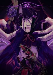  1boy 1girl alternate_costume blood blood_from_eyes blood_on_face blunt_bangs bridal_gauntlets chinese_knot close-up closed_mouth commentary cracked_skin dual_persona english_commentary faceless faceless_male fan_hair_ornament genshin_impact hair_between_eyes hair_ornament hands_on_another's_face hat highres japanese_clothes long_hair looking_at_viewer looking_down messy_hair mitsudomoe_(shape) mole mother_and_son multicolored_eyes neck_ribbon nicsdoodles pov puppet_strings purple_hair purple_nails raiden_shogun red_pupils red_ribbon ribbon scaramouche_(genshin_impact) short_sleeves tomoe_(symbol) transformation upper_body violet_eyes wide_sleeves 