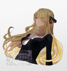  1girl black_shirt blonde_hair breasts closed_mouth commentary_request cropped_torso cynthia_(pokemon) grey_eyes hair_ornament hair_over_one_eye long_hair long_sleeves pokemon pokemon_dppt sakaralalala shirt simple_background solo 