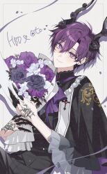  1boy black_flower black_pants bouquet bow capelet claws commentary_request earrings flower frilled_capelet frills grey_background hair_between_eyes happy_birthday highres holding holding_bouquet horns j168000 jewelry korean_commentary male_focus multicolored_hair oto_rainy pants purple_bow purple_flower purple_hair skoshism solo streaked_hair violet_eyes white_flower 