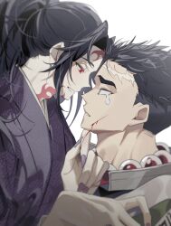  2boys beads black_hair blank_eyes blind fingernails hands_up himejima_gyoumei japanese_clothes kimetsu_no_yaiba kimono kokushibou long_hair looking_at_another male_focus multiple_boys nail_polish pink_nails ponytail red_eyes sal_gun scar scar_on_face scar_on_forehead sharp_fingernails short_hair simple_background white_background 