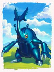  absolutely_everyone alfonsaurus antennae blue_carapace blue_sky bug carapace claws clouds cloudy_sky commentary english_commentary everyone full_body heracross highres horns outdoors pokemon pokemon_(creature) pokemon_focus single_horn sky standing 
