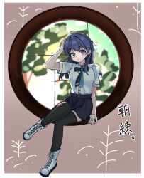  1girl absurdres black_skirt black_thighhighs blue_eyes blue_hair blue_necktie blue_ribbon boots breasts collarbone commentary full_body hair_ribbon half_updo highres lace-up_boots leg_up link!_like!_love_live! looking_at_viewer love_live! medium_breasts miniskirt murano_sayaka murano_sayaka_(summer_casual) necktie pleated_skirt red_ribbon ribbon round_window shirt short_sleeves sitting skirt solo tange_murasaki thigh-highs virtual_youtuber white_boots white_shirt window zettai_ryouiki 