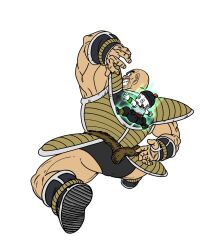  2boys absurdres aura bald brown_tail chaozu clenched_teeth colored_skin dragon_ball dragon_ball_z fenyon floating highres male_focus midair monkey_tail multiple_boys nappa saiyan_armor scene_reference simple_background tail tears teeth white_background white_skin 