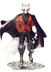  1boy absurdres alternate_costume animal_ear_fluff animal_ears bicep_strap black_coat black_pants black_shirt body_fur chanshin0095 closed_eyes coat coat_on_shoulders colored_tips full_body furry furry_male hand_in_pocket hashtag-only_commentary highres holding holding_removed_eyewear jacket jewelry male_focus multicolored_hair muzzle_(mask) necklace open_mouth pants prosthesis prosthetic_leg red_jacket shirt short_hair simple_background sleeves_rolled_up solo sunglasses tail tail_belt unworn_eyewear von_lycaon white_background white_fur white_hair wolf_boy wolf_ears wolf_tail zenless_zone_zero 