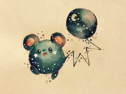  animal_focus azurill black_eyes bright_pupils commentary_request crescent full_body no_humans open_mouth painting_(medium) pokemon pokemon_(creature) simple_background solo traditional_media watercolor_(medium) white_pupils yukichi_0611 