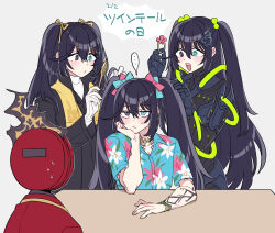  1other 3boys aqua_eyes armor black_armor black_coat black_eyes black_hair coat commentary_request dante_(limbus_company) gloves hair_tie heterochromia highres holding holding_hair_tie hong_lu_(project_moon) k_corp._(identity)_(project_moon) limbus_company long_hair multiple_boys multiple_persona open_mouth project_moon shiki_(shikki46) sitting smile table tingtang_gang_(identity)_(project_moon) twintails twintails_day very_long_hair white_gloves 