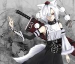  alternate_weapon animal_ears asymmetrical_clothes asymmetrical_clothing bare_shoulders belt collar detached_sleeves embellished_costume gauntlets hair_over_one_eye hiba_(p-p-purin) inubashiri_momiji red_eyes sheath sheathed short_hair silver_hair solo sword tail touhou weapon wolf_ears wolf_tail 