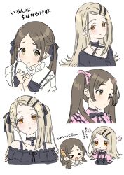  >_< 2girls :d black_choker black_ribbon black_shirt black_skirt blonde_hair blush blush_stickers brown_hair choker closed_mouth collarbone colored_eyelashes commentary_request criss-cross_halter cropped_torso earrings flipped_hair frilled_shirt frills from_side gakuen_idolmaster hair_ornament hair_ribbon hairclip halterneck hands_up heart heart_choker highres idolmaster jewelry jirai_kei kousuke0912 kuramoto_china laurels leaf_hair_ornament multiple_girls multiple_views open_mouth orange_eyes parallel_hairclips parted_bangs pink_ribbon pink_shirt ribbon shinosawa_hiro shirt skirt smile stud_earrings suspender_skirt suspenders swept_bangs translation_request twintails white_background white_shirt xd 