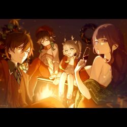  2boys 2girls absurdres alternate_costume back blunt_bangs brown_eyes brown_hair christmas christmas_tree commentary crossed_legs cup dress drinking_glass fire from_behind from_side fruct0se_fa genshin_impact glowing green_eyes green_hair grey_hair hair_between_eyes happy highres holding indoors long_hair long_sleeves looking_at_another looking_at_viewer looking_down looking_to_the_side looking_up multiple_boys multiple_girls nahida_(genshin_impact) open_mouth purple_hair raiden_shogun red_dress shade short_hair side_ponytail sitting smile suit sweater tree venti_(genshin_impact) violet_eyes wine_glass zhongli_(genshin_impact) 