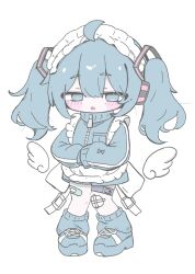  1girl :o ahoge apron bandaid bandaid_on_leg belt blue_eyes blue_hair blue_jacket blue_leg_warmers blue_shoes blue_shorts blush_stickers commentary_request deformed full_body gauze_on_knee hair_between_eyes hair_ornament hatsune_miku highres izumi_(yura_izumi) jacket leg_warmers long_hair long_sleeves maid maid_headdress no_pupils open_mouth own_hands_together shoes shorts sidelocks simple_background sleeves_past_fingers sleeves_past_wrists sneakers solo standing thigh_belt thigh_strap track_jacket twintails unconventional_maid very_long_hair vocaloid white_apron white_background zipper 