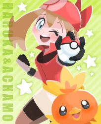  1girl bandana bike_shorts bike_shorts_under_skirt black_shorts blue_eyes blush brown_hair character_name commentary_request diagonal-striped_background eyelashes gloves green_background holding holding_poke_ball may_(pokemon) medium_hair naco_oekaki one_eye_closed open_mouth poke_ball poke_ball_(basic) pokemon pokemon_(creature) pokemon_rse red_bandana red_shirt shirt shorts skirt smile star_(symbol) striped_background teeth torchic upper_teeth_only white_skirt 