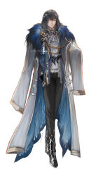  1boy absurdres black_hair black_pants coat coat_on_shoulders colored_extremities commentary english_commentary fate/grand_order fate_(series) full_body grey_coat grin hand_in_pocket highres male_focus oberon_(fate) oberon_(third_ascension)_(fate) pants renrenka_noi short_hair simple_background smile standing white_background 