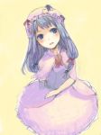  blue_eyes blue_hair blush capelet crescent dress from_above hat legge long_hair looking_up lowres patchouli_knowledge solo touhou 