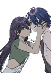  1boy blue_hair crop_top gundam gundam_gquuuuuux hand_on_another's_face hetero highres jewelry long_hair looking_at_another momoshny multicolored_hair necklace nyaan_(gundam_gquuuuuux) overalls purple_hair red_eyes shirt short_hair shuji_ito simple_background sleeveless smile tank_top two-tone_hair upper_body white_background yellow_eyes 