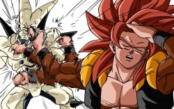  2boys adjusting_hair afterimage black_vest body_fur brown_fur closed_eyes cropped_vest dragon dragon_ball dragon_ball_gt gogeta highres long_hair male_focus meme metamoran_vest multiple_boys muscular muscular_male naoya_hitting_choso_without_looking_(meme) no_shirt omega_shenron punching red_hair smear_frame spiky_hair super_saiyan super_saiyan_4 upper_body vest white_background yun_the_bit 