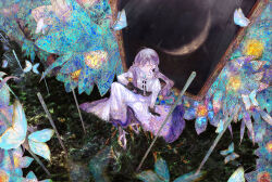  1girl absurdres ahoge arm_support artist_name black_gloves blue_eyes braid bug butterfly butterfly_hair_ornament collared_dress commentary_request crossed_bangs dress from_above gakuen_idolmaster glitter glitter_dress gloves hair_between_eyes hair_ornament highres idolmaster kaya_rinha knee_up long_dress looking_at_viewer mole mole_on_neck picture_frame purple_hair rainshower0705 shoes side_braid signature sitting solo twintails white_dress white_shoes wide_shot 