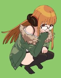  1girl absurdres aowow behind-the-head_headphones black_thighhighs blush brown_eyes closed_mouth full_body fur-trimmed_jacket fur_trim glasses green_background green_jacket head_rest headphones highres jacket long_hair looking_at_viewer orange_hair persona persona_5 sakura_futaba solo squatting thigh-highs very_long_hair 