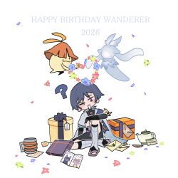  1boy 2026 ? animal_on_shoulder aracanthus38633 aranara_(genshin_impact) arm_at_side arm_on_knee armor beer_mug bird bird_on_shoulder black_bodysuit black_bridal_gauntlets black_shorts blue_flower blue_sleeves blunt_ends blush bodysuit box bridal_gauntlets brown_sandals character_name choppy_bangs commentary creature cup durin_(genshin_impact) english_commentary falling_petals flower flower_wreath full_body furisode genshin_impact gift gift_box green_flower grey_hair happy_birthday head_tilt highres japanese_armor japanese_clothes kimono knee_up kote kurokote kuuhenki_(genshin_impact) layered_sleeves leg_warmers letter male_focus mini_durin_(genshin_impact) mug one_eye_closed open_mouth petals pink_flower pink_petals purple_petals purple_sash sandals sash scaramouche_(cat)_(genshin_impact) scaramouche_(genshin_impact) short_sleeves shorts sitting solo teapot turtleneck turtleneck_bodysuit twitter_username violet_eyes wanderer_(genshin_impact) white_background white_kimono white_leg_warmers white_mouth white_sleeves zouri 