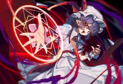  1girl absurdres bat_wings black_wings brooch commentary fangs frilled_wrist_cuffs frills hair_between_eyes hat hat_ribbon highres jewelry looking_at_viewer magic_circle medium_hair mob_cap nail_polish open_mouth outstretched_arm puffy_short_sleeves puffy_sleeves purple_hair red_eyes red_nails red_ribbon red_wings remilia_scarlet ribbon shirt short_sleeves skirt skirt_set solo touhou touhou_lost_branch_of_legend tuck_(tuck23978434) white_hat white_shirt white_skirt wings wrist_cuffs 