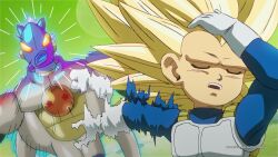  2boys afterimage armor blue_bodysuit bodysuit chibi closed_eyes commentary dragon_ball dragon_ball_daima english_commentary flierby highres long_hair meme motion_lines multiple_boys naoya_hitting_choso_without_looking_(meme) no_eyebrows robot_boy saiyan_armor smear_frame speed_lines spiky_hair super_saiyan super_saiyan_3 tamagami_number_2 upper_body vegeta white_armor 