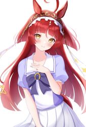  1girl ahoge animal_ears blunt_bangs blunt_ends blunt_sidelocks blush bow bowtie brown_headdress closed_mouth commentary_request frilled_hairband frills hair_between_eyes hairband highres horse_ears horse_girl horse_tail long_hair looking_at_viewer michizane_sgawl pleated_skirt puffy_short_sleeves puffy_sleeves purple_bow purple_bowtie purple_shirt red_desire_(umamusume) red_hair red_hairband red_headdress red_veil sailor_collar sailor_shirt school_uniform shirt short_sleeves sidelocks simple_background skirt smile solo star_ornament tail tracen_school_uniform umamusume veil white_background white_sailor_collar white_skirt yellow_eyes 