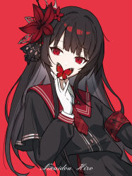  1girl absurdres armband black_hair black_shirt black_skirt bug butterfly chinese_commentary commentary_request english_text flower gloves hair_flower hair_ornament highres long_hair long_sleeves looking_at_viewer mahou_shoujo_no_majo_saiban necktie nikaido_hiro red_background red_eyes red_flower red_necktie sailor_collar school_uniform shirt simple_background skirt solo white_gloves yuyuu 