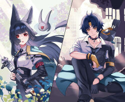  1boy 1girl animal_ear_fluff animal_ears aqua_jacket arm_out_of_sleeve arrow_(projectile) artist_name asaba_harumasa asymmetrical_gloves black_choker black_gloves black_hair black_necktie black_pants black_shoes black_skirt blunt_bangs breasts by_nearreya choker closed_eyes collarbone commentary english_commentary fingerless_gloves fox_ears fox_girl gauntlets gloves grass half_gloves headband high-waist_skirt holding holding_sword holding_weapon hoshimi_miyabi id_card jacket katana knee_up long_hair looking_at_viewer looking_down medium_breasts necktie open_mouth outdoors pants parted_bangs partially_fingerless_gloves pendant_choker quiver red_eyes sheath shirt shoes short_hair single_fingerless_glove single_gauntlet single_half_glove sitting skirt split_screen sword tailless_(zenless_zone_zero) uneven_gloves weapon white_shirt yellow_eyes yellow_gloves yellow_headband zenless_zone_zero 