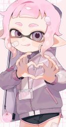  1girl :q bandaid bandaid_on_cheek bandaid_on_face black_shorts commentary_request dolphin_shorts grid_background heart heart_hands highres inkling inkling_girl inkling_player_character looking_at_viewer medium_hair pink_hair pink_sweater pink_trim pointy_ears sabata_saba shorts solo splatoon_(series) standing sweater tentacle_hair thick_eyebrows tongue tongue_out white_background 