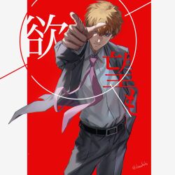  1boy belt black_belt closed_mouth collared_shirt cowboy_shot floating_clothes floating_neckwear grey_suit haekchi hashtag-only_commentary highres looking_at_viewer male_focus mob_psycho_100 necktie pointing pointing_at_viewer purple_necktie reigen_arataka shirt shirt_tucked_in solo suit translation_request twitter_username white_shirt 