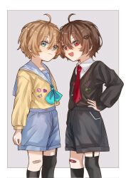  2boys aged_down ahoge aqua_bow aqua_bowtie bandaid bandaid_on_knee bandaid_on_leg black_cardigan black_shorts black_thighhighs blue_eyes blue_sailor_collar blue_shorts bow bowtie broken_heart broken_heart_hair_ornament brown_hair cardigan child closed_mouth commentary_request cowboy_shot dress_shirt eananaia english_commentary evil_neuro-sama from_side genderswap genderswap_(ftm) hair_between_eyes hand_on_own_hip heart highres long_sleeves looking_at_viewer male_focus mixed-language_commentary multiple_boys necktie neuro-sama open_mouth red_eyes red_necktie sailor_collar shirt short_hair shorts thigh-highs vedal_ai yellow_cardigan 
