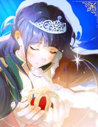  1girl aiguillette ascot bloom blue_background blunt_bangs blush brown_jacket closed_eyes collared_jacket colored_shadow commentary cross crown cupping_hands drop_shadow english_commentary epaulettes facing_down facing_object fingernails floating_hair fur-trimmed_jacket fur_trim green_jacket hands_up highres holding holding_crown inset_border jacket jacket_on_shoulders lapels long_hair long_sleeves multicolored_jacket own_hands_together purple_hair sanoon shadow shoujo_kageki_revue_starlight smile solo sparkle tiara tsuyuzaki_mahiru two_side_up upper_body white_ascot white_tiara yellow_trim 