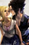  1boy 1girl black_eyes black_hair blonde_hair blue_eyes borammy duo female green_eyes hand_on_shoulder holding_hands long_hair male naruto pony_tail short_hair smile snake uchiha_sasuke yamanaka_ino 