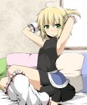  absurdres adjusting_hair ahoge arm_warmers armpits arms_up blonde_hair green_eyes hairdressing highres leg_warmers mizuhashi_parsee mouth_hold pillow pointy_ears ribbon_in_mouth rubber_band sitting sleeveless sleeveless_turtleneck solo suna_(sunaipu) sunaipu touhou turtleneck 