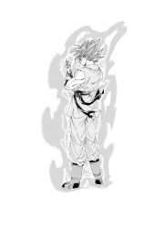  1boy absurdres aura boots dougi dragon_ball dragon_ball_super dragon_ball_z dragon_ball_z_fukkatsu_no_f fenyon from_behind full_body greyscale highres monochrome muscular muscular_male pants simple_background solo son_goku spiky_hair super_saiyan super_saiyan_blue tunic white_background 