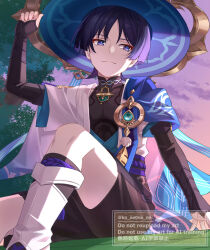  1boy anemo_symbol_(genshin_impact) aqua_gem arm_at_side armor belt black_belt black_bodysuit black_bridal_gauntlets black_shorts blue_cape blue_hat blue_kimono blue_sleeves blunt_ends bodysuit bridal_gauntlets bright_pupils cape closed_mouth clothing_cutout clouds cloudy_sky commentary_request covered_collarbone dusk eyeliner feathers fingernails furisode gem genshin_impact glowing_pupils gold hand_up hat hip_vent japanese_armor japanese_clothes jingasa juban kimono ko_ne0ne_ne kote kurokote layered_sleeves leg_warmers looking_to_the_side makeup male_focus open_clothes open_kimono outdoors parted_bangs pom_pom_(clothes) purple_hair purple_rope purple_sash purple_sky red_eyeliner rope sash scaramouche_(genshin_impact) short_sleeves shorts shoulder_peek sitting sky smile solo split_mouth tree tsurime twitter_username violet_eyes wanderer_(genshin_impact) watermark white_kimono white_leg_warmers white_pupils white_sleeves white_trim yellow_feathers 