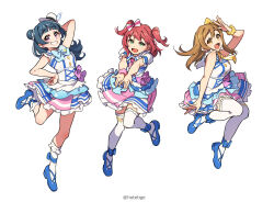  3girls arms_up blue_hair blush bow bowtie brown_eyes brown_hair commentary_request dress feathers frills green_eyes hair_bun hair_ornament hat head_tilt high_heels highres hotechige jumping kimi_no_kokoro_wa_kagayaiteru_kai? kunikida_hanamaru kurosawa_ruby leg_up long_hair love_live! love_live!_sunshine!! multiple_girls open_mouth red_hair scrunchie short_hair short_twintails simple_background thigh-highs tsushima_yoshiko twintails violet_eyes white_background 
