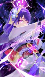  1girl arm_up back_bow blunt_bangs blurry bow braid bridal_gauntlets bug butterfly commentary depth_of_field electricity electro_symbol_(genshin_impact) english_commentary genshin_impact glowing glowing_butterfly glowing_eyes glowing_weapon hair_between_eyes holding holding_sword holding_weapon japanese_clothes katana kimono long_braid long_hair long_sleeves looking_at_viewer looking_to_the_side mitsudomoe_(shape) mole mole_under_eye musou_isshin_(genshin_impact) niri_(eunhaha02) powering_up purple_hair purple_kimono raiden_shogun red_sash ribbon sash single_braid solo storm sword tomoe_(symbol) upper_body violet_eyes weapon wide_sleeves 